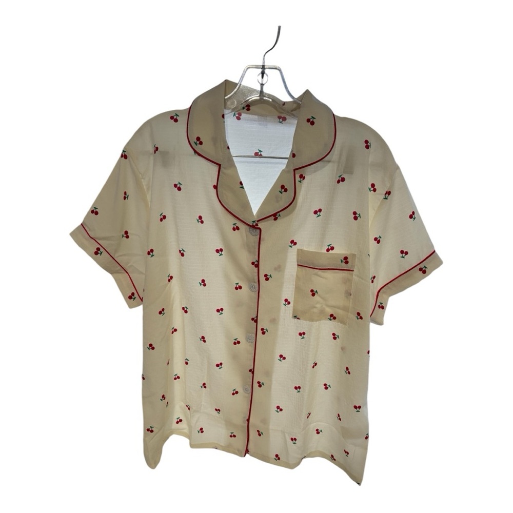 Pajama Set with Red Cherry Pattern and Red Piping W Size XL Cream/Red/Green - Picture 3 of 12